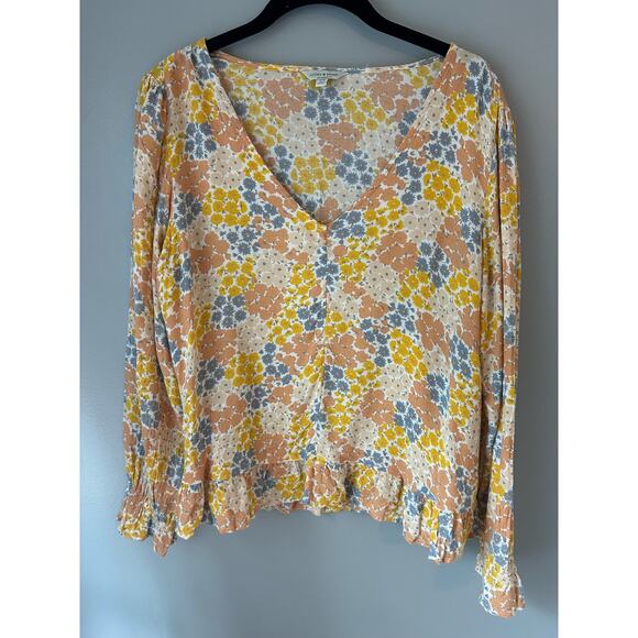 Lucky Brand Tops - Lucky Brand Yellow/Orange Floral Daisy Print LS V Neck Ruffle Peasant Top Large
